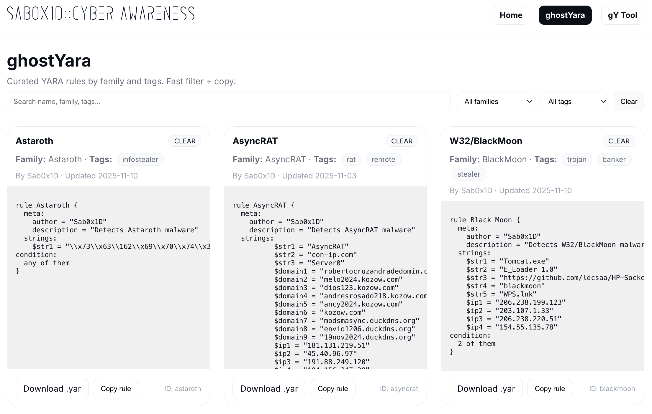 ghostYara rule card with Download .yar button