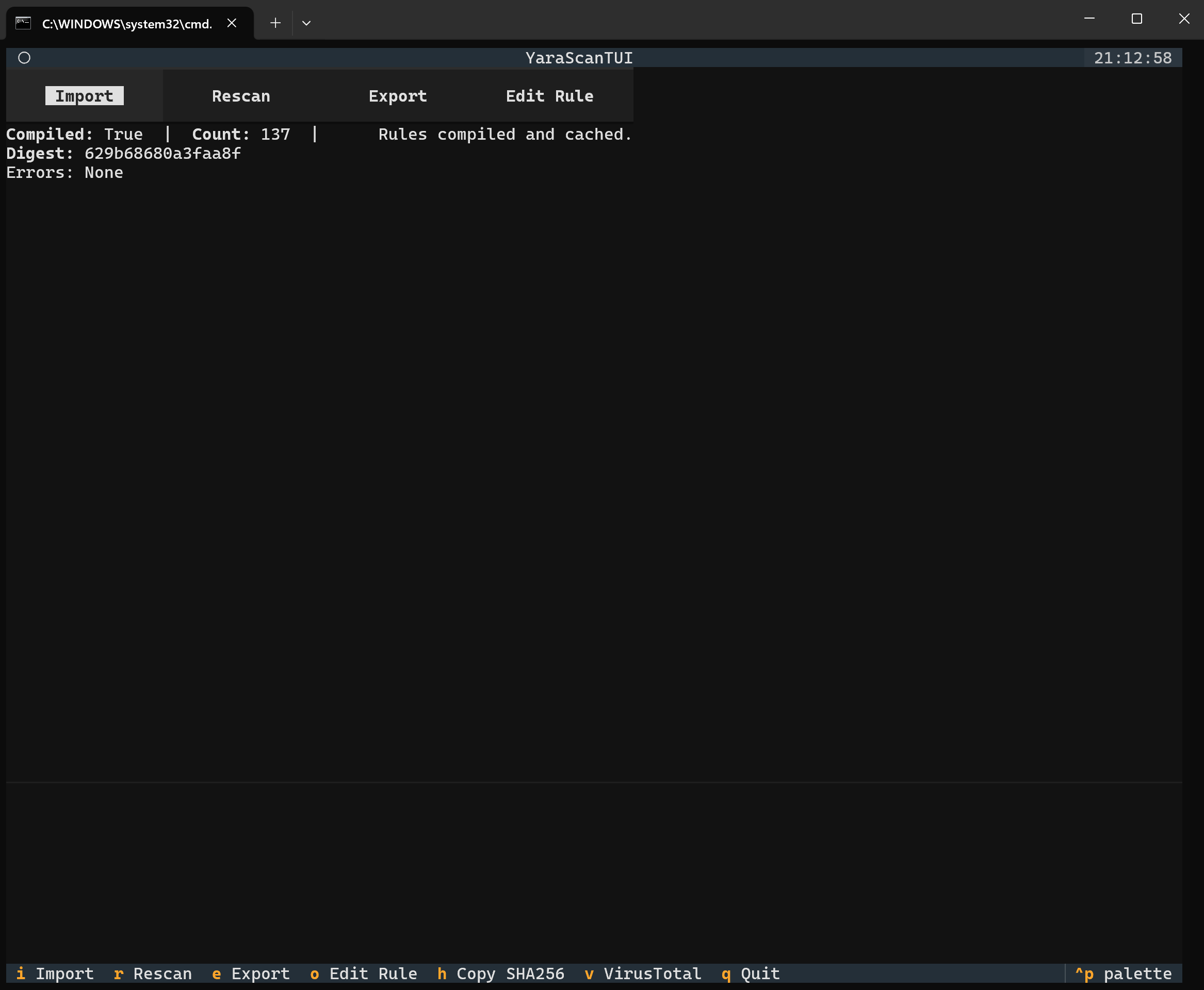 YaraScanTUI running on Windows terminal