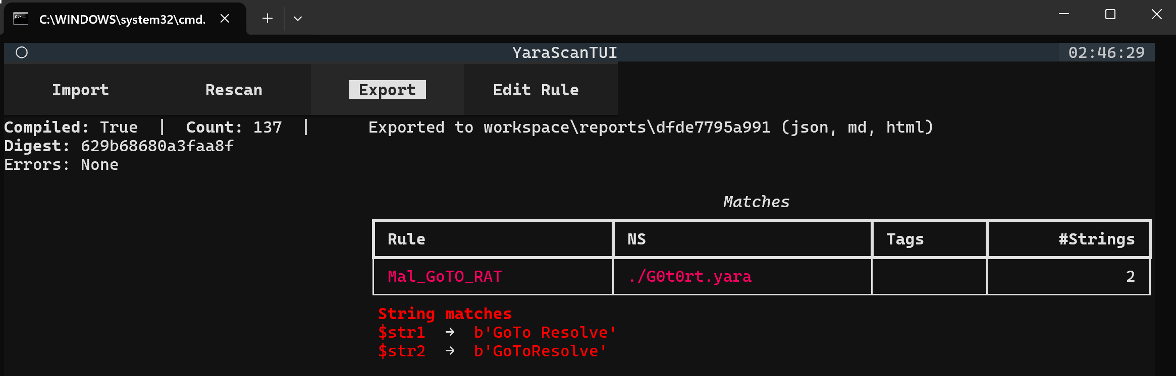 YaraScanTUI match export