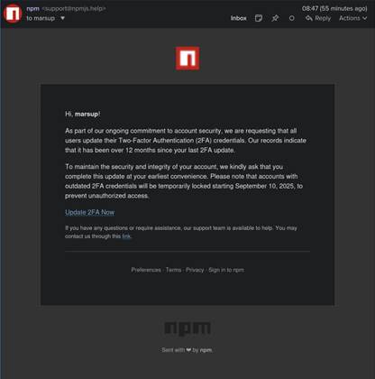 Phishing email used in NPM compromise